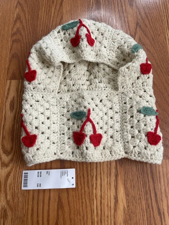 Urban Outfitters Crochet Cherry Balaclava Hood Cream NWT - Picture 2 of 5